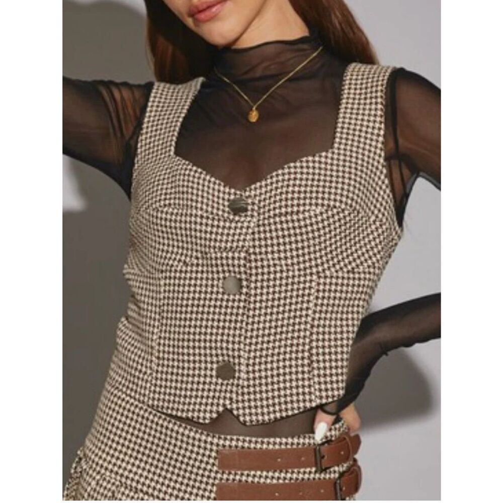 Mustard Seed Womens Houndstooth Sweetheart Neck Button-Up Vest Brown Small NWT